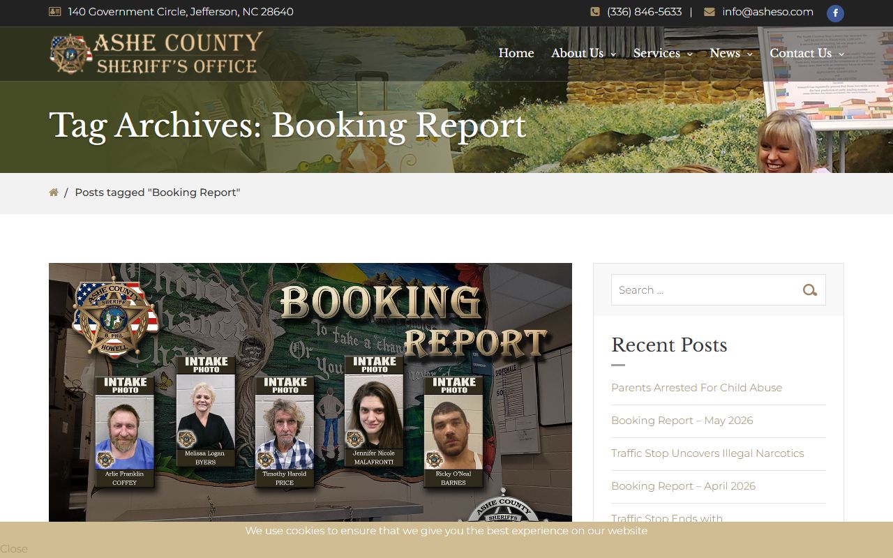 Ashe County booking report index for inmate lookup and jail records